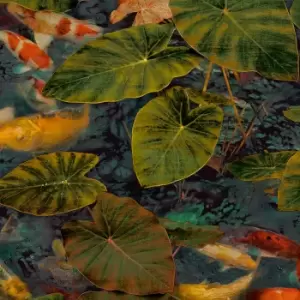 image of Grandeco Koi Lily Pind Green & Orange Wallpaper