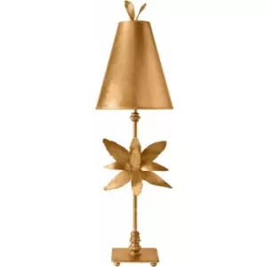 image of Table Lamp Gold Tapered Shade Flower Leaf Design on Stem Gold Leaf LED E27 60W