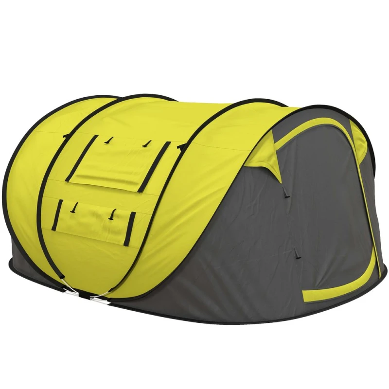 Image of Outsunny 5 Person Camping Tent w/ Water-Fighting Rainfly & Pop-Up Design Yellow