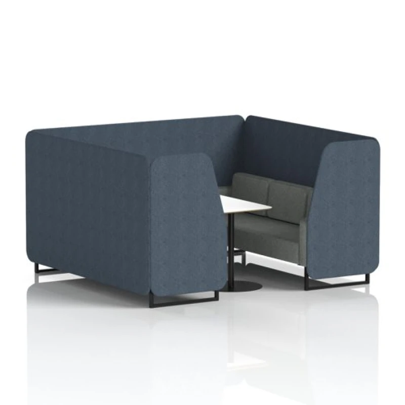 Image of Brixworth 6 Seater Office Booth with Front Panel - Black Legs and White Table with Black Leg in Rivet Fabric - Crucible Panels and Prime Sofa