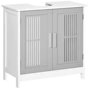 image of Kleankin Bathroom Pedestal Under Sink Cabinet With Storage Shelf, 2 Doors, Grey