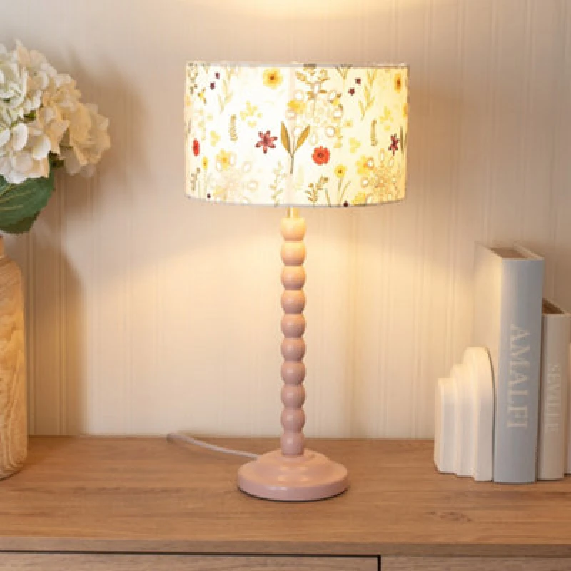 Image of ValueLights ValueLights Bobbins Pink Table Lamp with Floral Embroidered Drum Lamp Shade in Pale Pink Pale Pink One Size Unisex 5059406056253