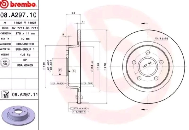 Image of BREMBO 08.A297.11 Brake disc solid, Coated Brake Disc (82)