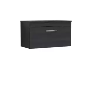 image of Nuie Athena 800 Wall Hung Single Drawer Vanity & Worktop - Black Woodgrain