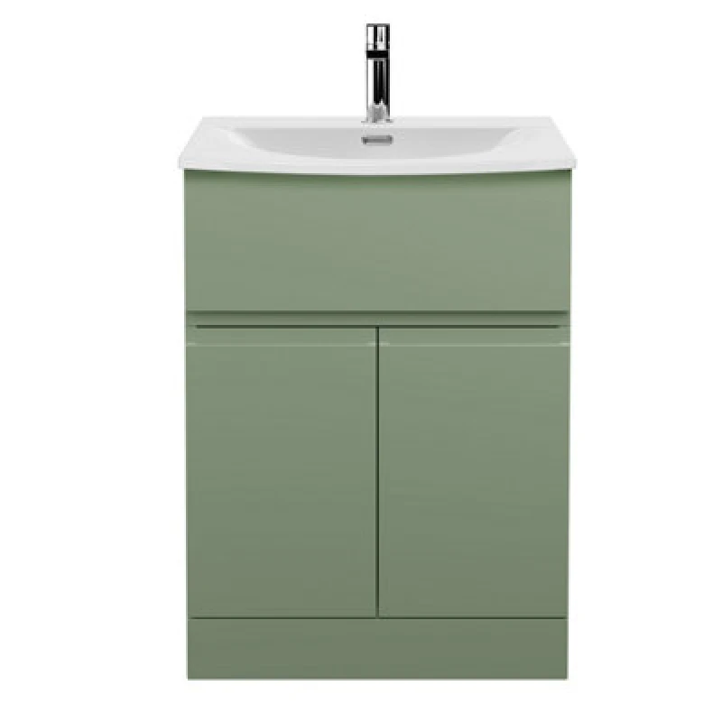 Image of Hudson Reed Urban Floor Standing 2 Door 1 Drawer Vanity Unit With Curved Basin, Durable Modern Vanity Unit In Satin Green, 600mm