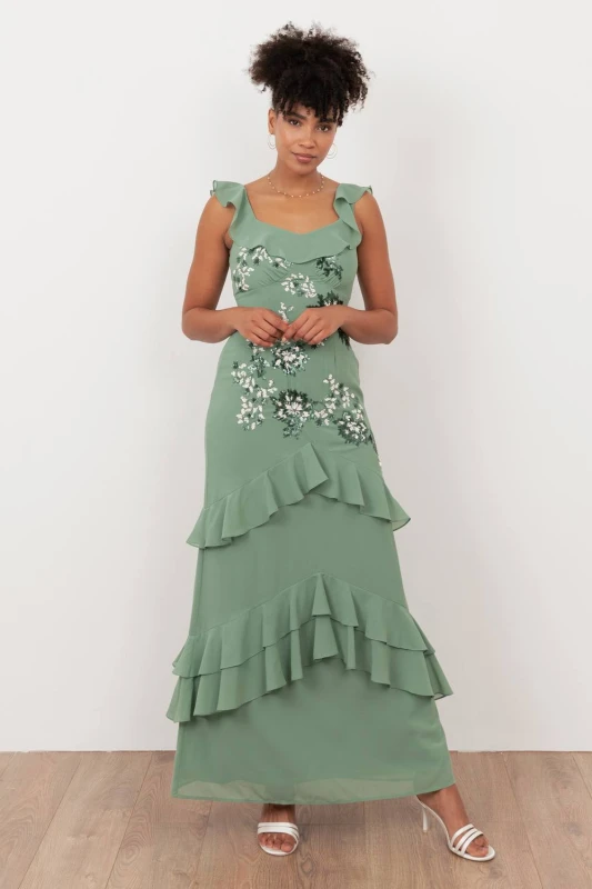 Image of Maya Deluxe Womens Embellished Ruffle Maxi Dress in Light Green Size: 16 Light Green Female 16