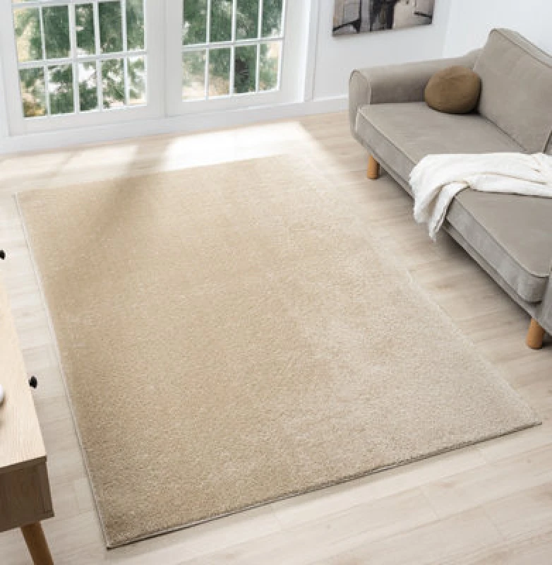 Image of Comfy Washable Low Pile Living Room Area Rug - Anti Slip Felt Backing Light Beige 60Cm X 100Cm
