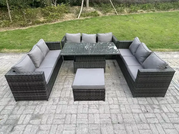 Fimous 9 Seater Outdoor Dark Grey Rattan Lounge Complete Sofa Set with Adjustable Dining Table and Big Footstool