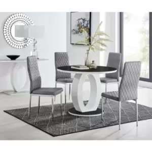 Image of Furniturebox UK - Furniturebox Giovani Black 100cm Round Dining Table and 4 Grey Velvet Milan Dining Chairs With Silver Legss
