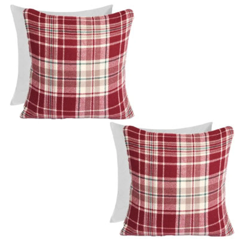 Image of OHS OHS Woven Check Cushion Covers Tartan Pack of 2 Filled Case Pad Set Home in Red Size: 45cm x 45cm Red 45cm x 45cm Unisex 5027434208104
