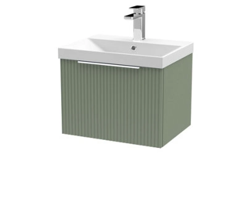 Image of Hudson Reed Fluted Wall Hung 1-Drawer Vanity And Thin-Edge Basin, Contemporary Sink Vanity Unit, Satin Green, 500mm