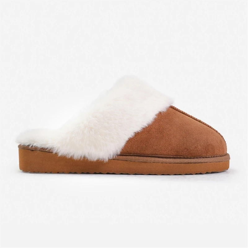 Image of Wheres That From Lounge Chestnut Suede Slippers With Fur Trim Chestnutsuede female 4