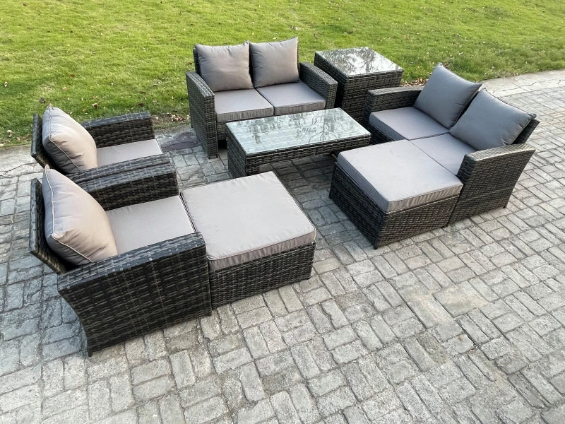 Image of Fimous 8 Seater Outdoor Rattan Patio Furniture Set Garden Lounge Sofa Set with Armchairs Side Table 2 Big Footstool Coffee Table Dark Grey Mixed Dark