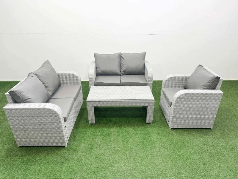 Image of Fimous High Back Poly Rattan Garden Furniture Set with Reclining Chair Loveseat Sofa Oblong Coffee Table Indoor Outdoor Patio Set Light Grey Light Gr
