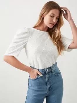 Image of Dorothy Perkins Broderie Puff Sleeve Top - White, Size L, Women
