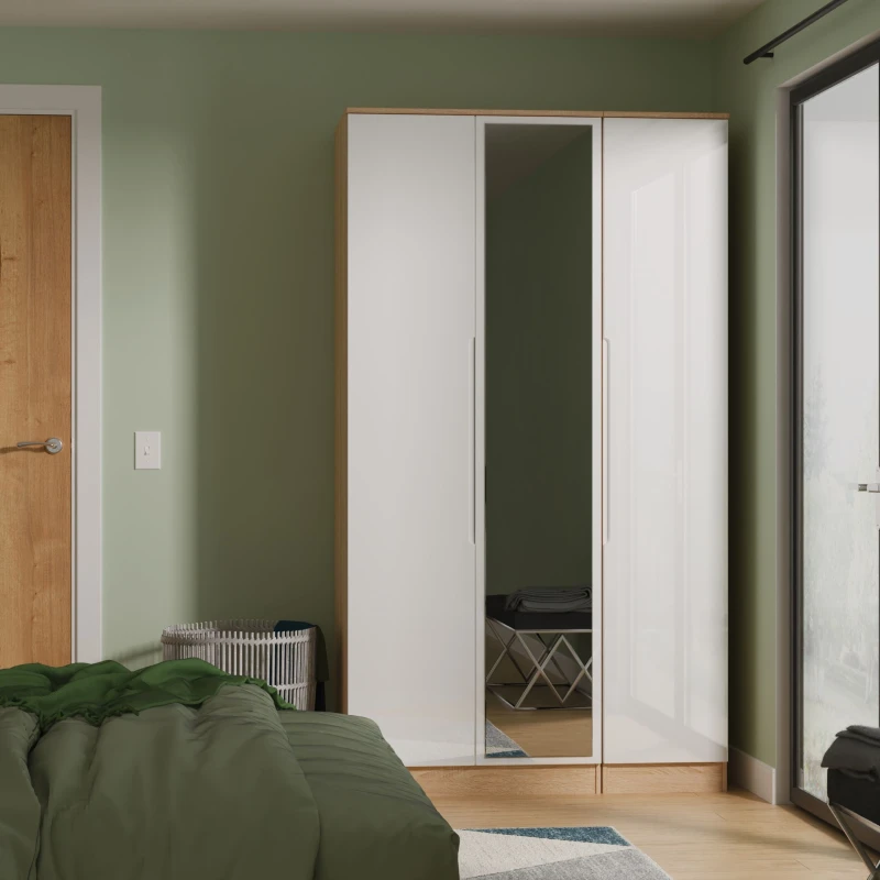 Image of Welcome Furniture Ready Assembled Milan Tall Triple Mirrored Wardrobe In White Gloss & Bardolino Oak, White MIL147WGBO