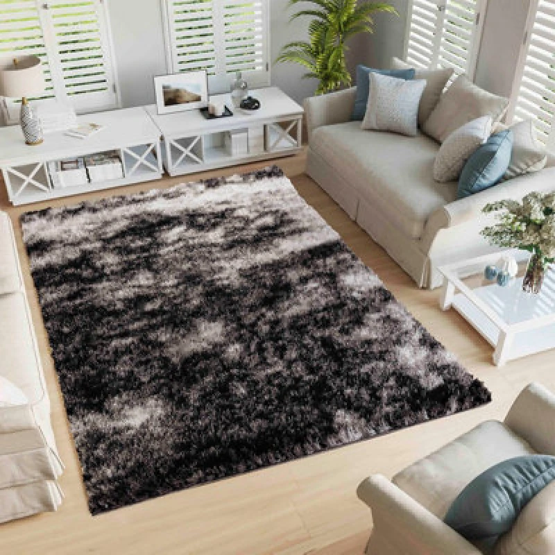 Image of Modern Soft Two Tone Shimmer Shaggy Area Rugs Dark Grey 80X150 Cm