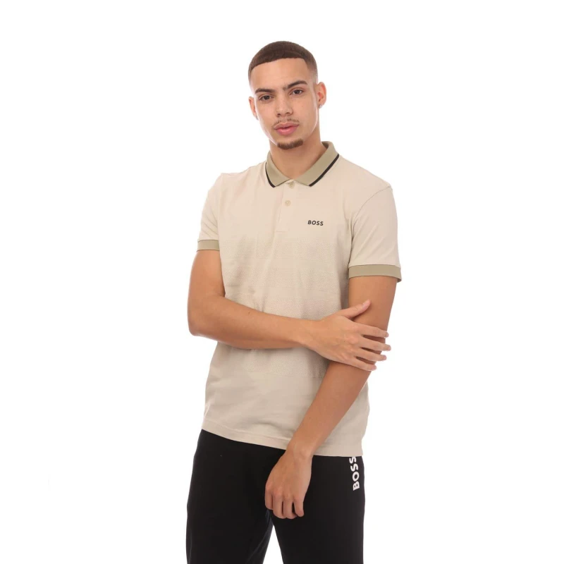 Image of Boss Popcorn-Structure Stripe Polo Shirt - Beige Beige XL