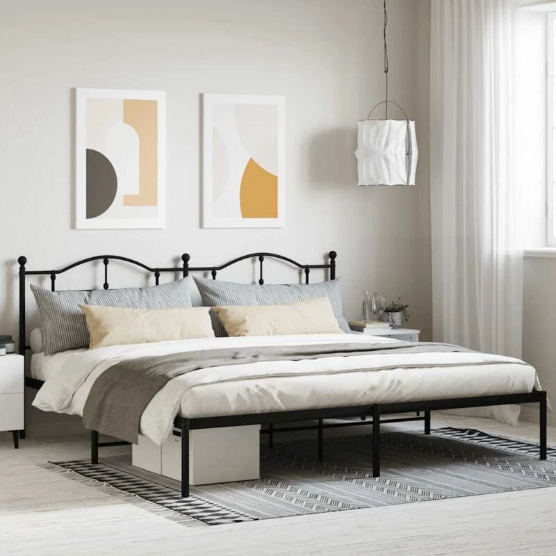 Image of Vidaxl Metal Bed Frame Without Mattress With Headboard Black 200X200 Cm, Black 353446