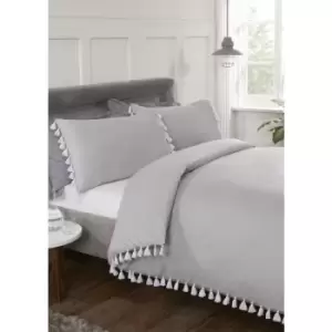 Image of Grey Tassel Super King Duvet Cover Set Quilt Cover Bedding Set - Grey