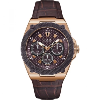 image of GUESS Gents rose gold watch with bronze trim & leather strap