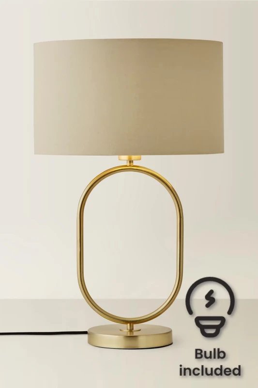 Image of ValueLights Antonia Fabric with Gold Drum Shade Brushed Gold Oval Table Lamp with LED Bulb in Beige Beige Unisex