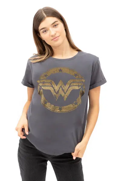 Image of DC Comics Wonderwoman Metallic Logo Cotton T-Shirt Charcoal