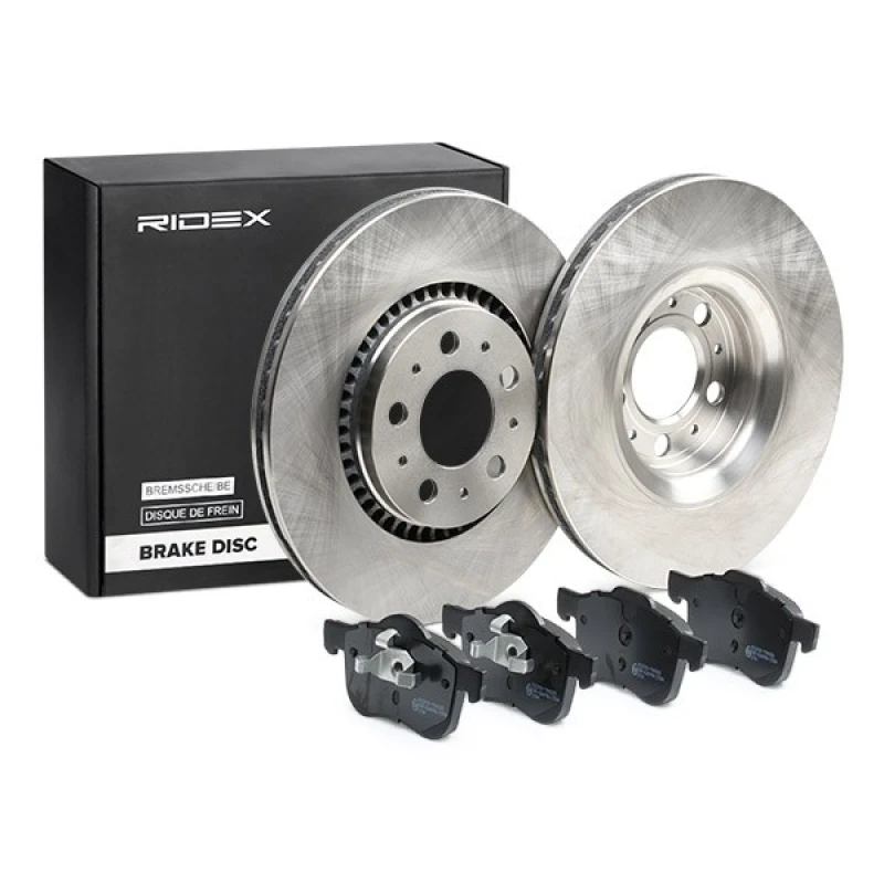 Image of RIDEX 3405B1406 Brake disc and pads set Front Axle, Brake Disc Type: Vented, excl. wear warning contact, with piston clip Brake Set,disc brakes (3405