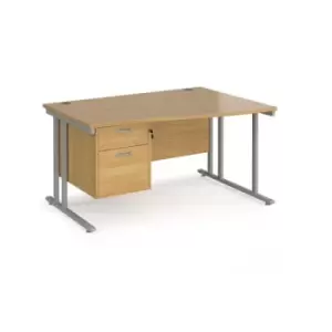 image of Office Desk Right Hand Wave Desk 1400mm With Pedestal Oak Top With Silver Frame Maestro 25 MC14WRP2SO