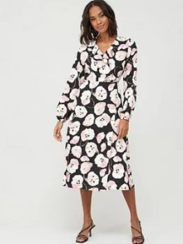 Image of Wallis Abstract Poppy Puff Sleeve Dress - Black, Size 10, Women