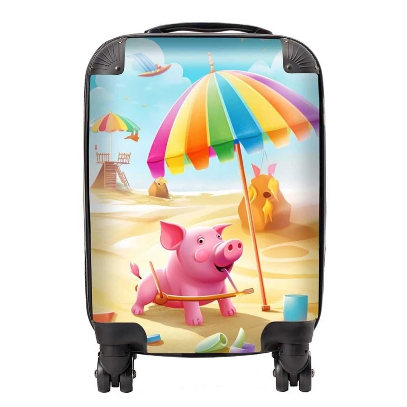 Image of Warren Reed - Designer Pig On A Beach Holiday Suitcase in Yellow Size: Small Yellow Unisex Small