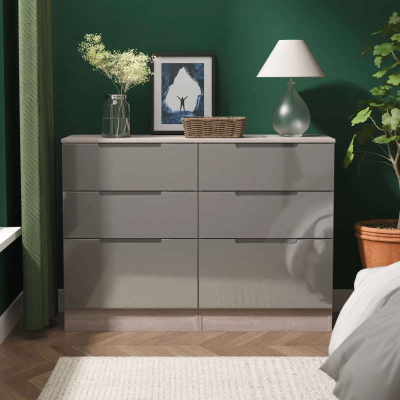 Image of Welcome Furniture Ltd Milan 6 Drawer Wide Chest in Grey Gloss & Grey Oak - Ready Assembled, Grey MIL015GGGO