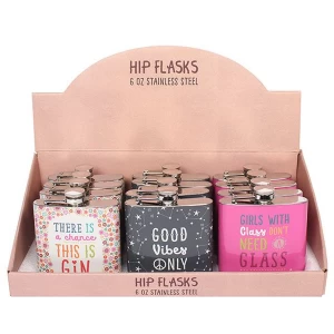 Set of 12 Fiesta Fun Hip Flasks in Display