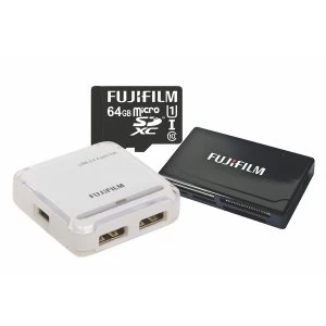 Image of Fujifilm MicroSDXC 64GB UHS-I Pro Class 10 Card + USB Reader & 4 Port Hub