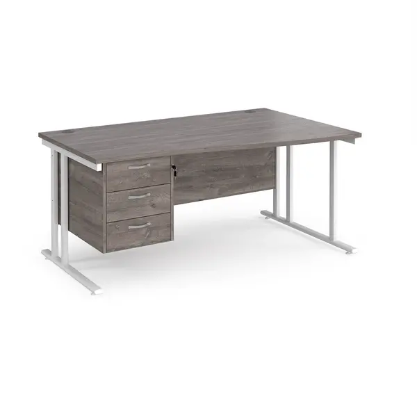 image of Maestro 25 right hand wave desk 1600mm wide with 3 drawer pedestal - white cantilever leg frame, grey oak top