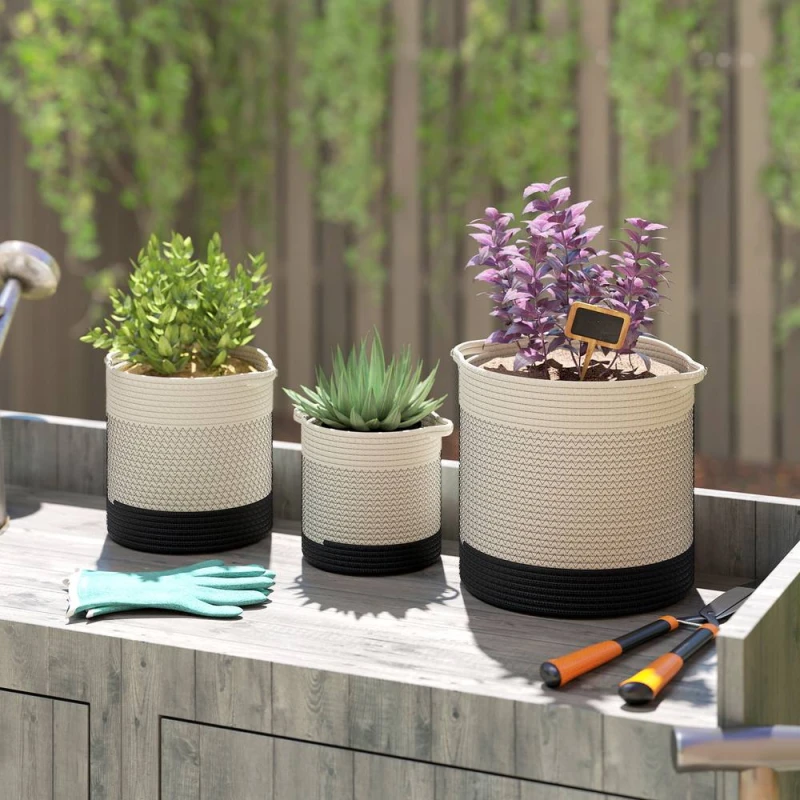 Image of OUTSUNNY Plant Pots Handwoven Cotton Set of 3 White Size: Large White Unisex L