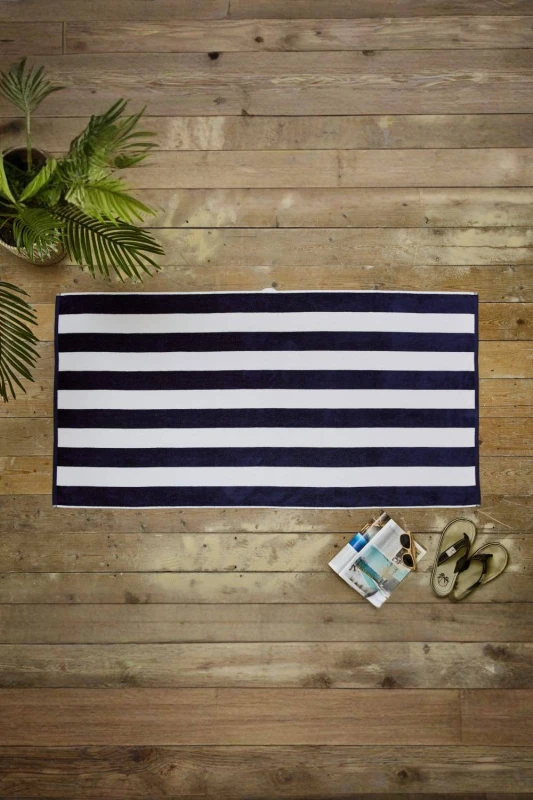 Image of Deyongs Cabana Bay 100% Cotton Yarn Dyed Stripe Beach Towel 80x165 in Navy Navy Unisex