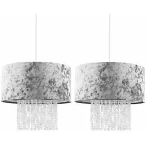 image of Minisun - 2 x Silver Grey Velvet Ceiling Pendant Light Shades With Clear Acrylic Droplets