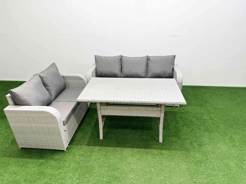 Image of Fimous 5 Seater PE Rattan Wicker Garden Furniture Patio Conservatory Sofa Set with Rectangular Dining Table 3 Seater Sofa Love Sofa Light Grey