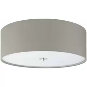 image of Loops - Flush Ceiling Light Colour Satin Nickel Shade Taupe Fabric Glass Bulb E27 3x60W