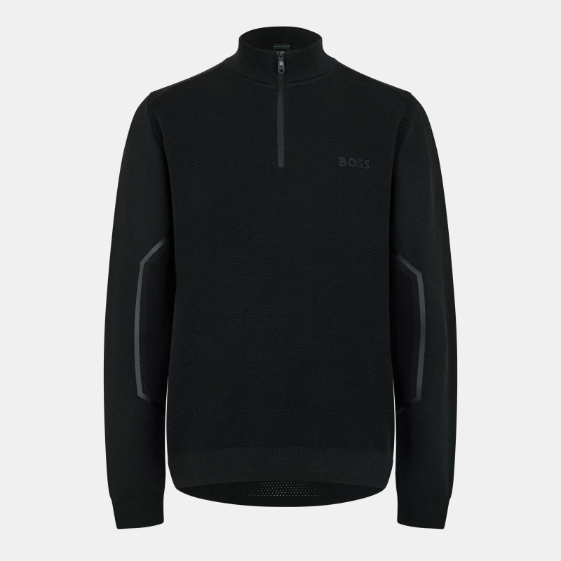 Image of Boss Mens Zip Neck Cotton Long Sleeve Crew Neck Jumper Black male S