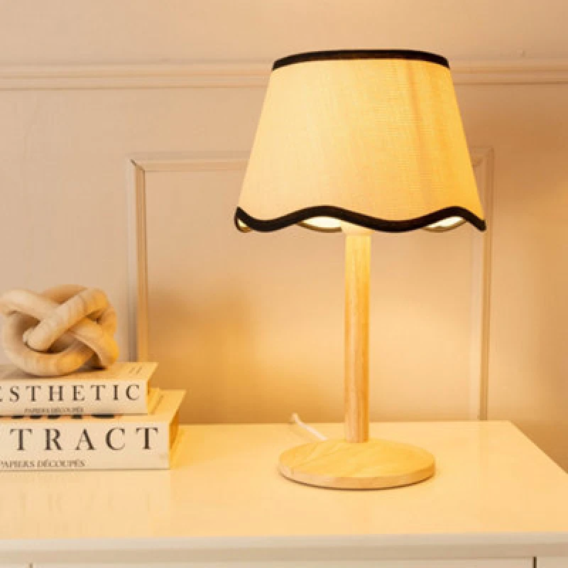 Image of ValueLights Triston Natural Light Wood Stem Table Lamp with Scallop Trim Tapered Lamp Shade Black