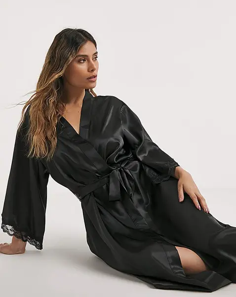 image of Boux Avenue Boux Avenue Amelia Satin & Lace Robe Black Female L QV70703