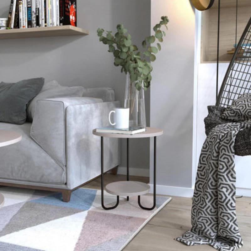 Image of FWStyle 2 Tier Side Table Black Metal Frame Scratch Resistant Mocha Grey Grey