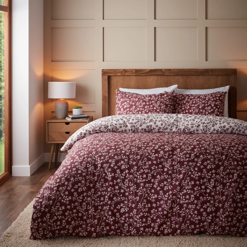 Image of Catherine Lansfield Red Grace Floral Leaf 100% Duvet Cover and Pillowcase Set Red