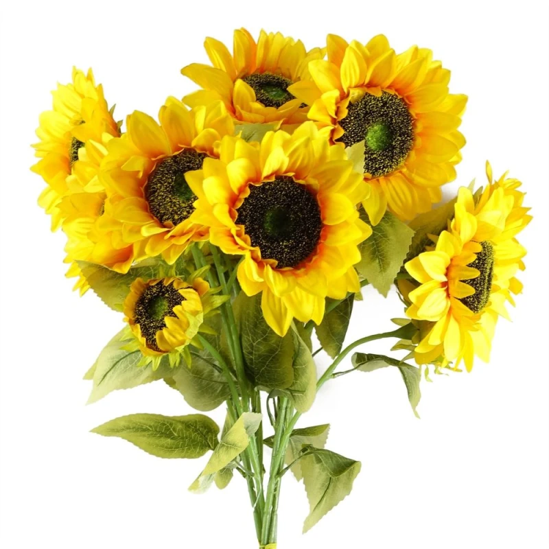 Image of Leaf Pack of 6 x 88cm Yellow Artificial Sunflower - 18 heads