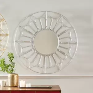 image of Cane Effect Round Wall Mirror, Silver 100cm Silver