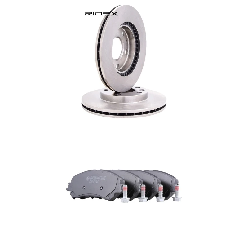 Image of RIDEX 3405B3238 Brake disc and pads set Front Axle, Brake Disc Type: internally vented, not prepared for wear warning indicator Brake Set,disc brakes