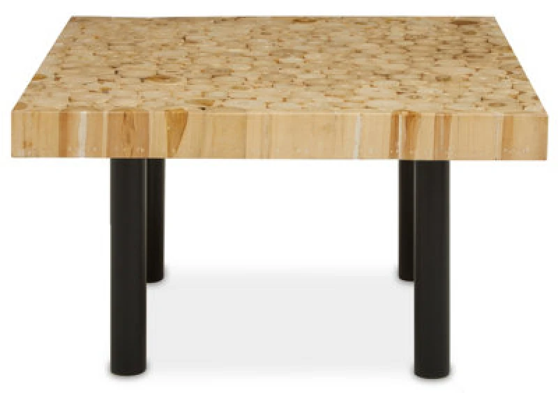 Image of Orsina Rectangular Teak Plug Coffee Table, Solid Teakwood Plug Top On Sleek Black Iron Frame