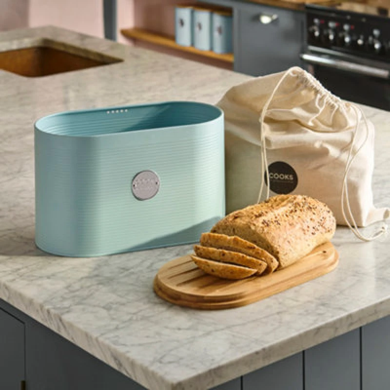 Image of Cooks Professional Ribbed Bread Bin With Linen Bag & 2-In-1 Bamboo Cutting Board Lid - Blue & Silver